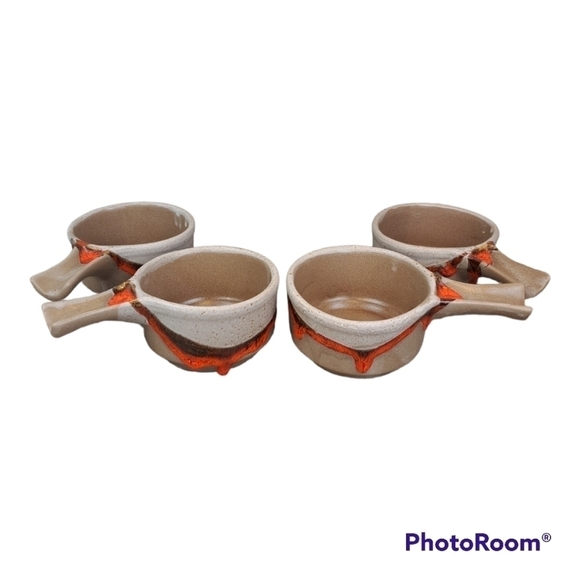 VINTAGE Laurentian pottery set of 4 soup bowl orange lava drip glaze # 643 - Picture 2 of 16